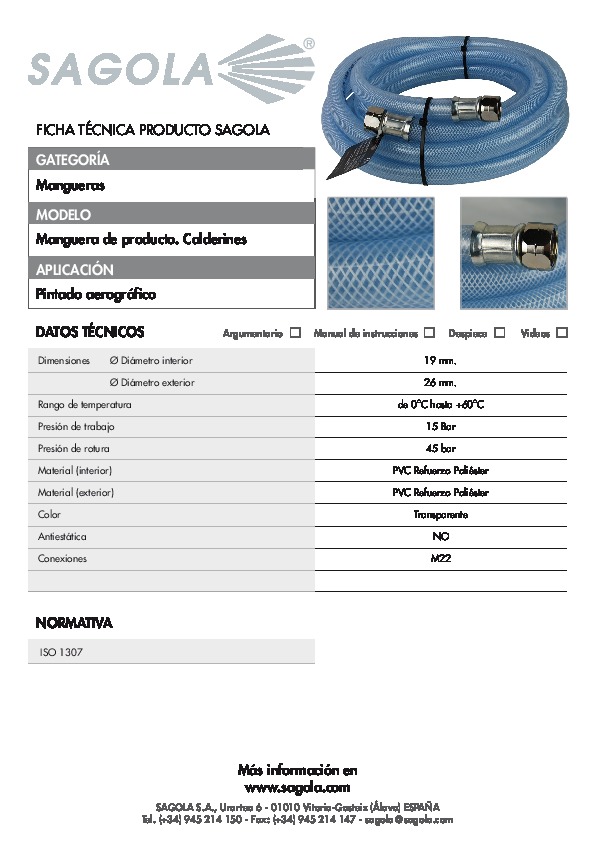 Ficha técnica Manguera producto Calderines