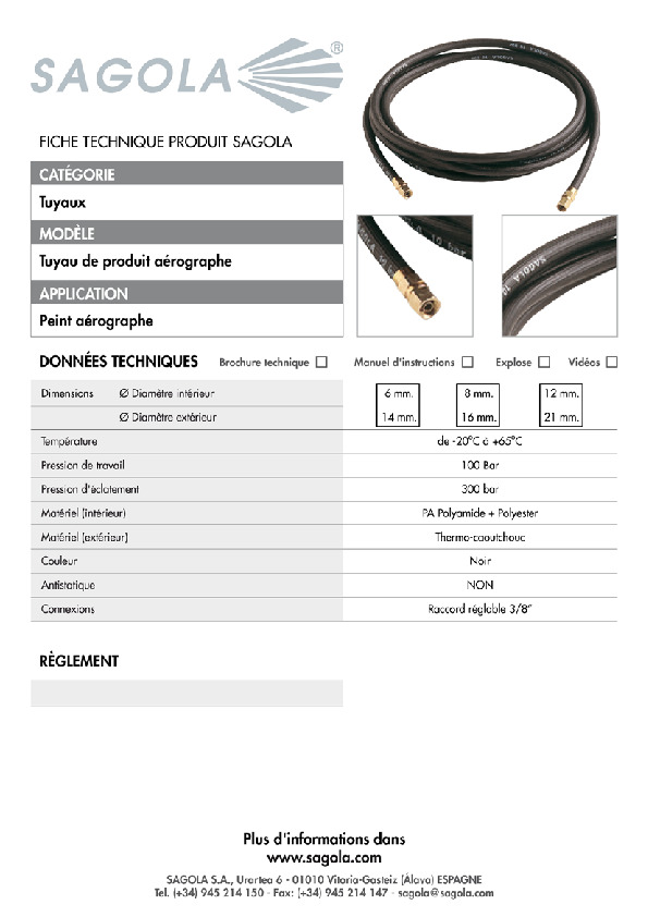 Fiche technique Tuyau produit aérographe