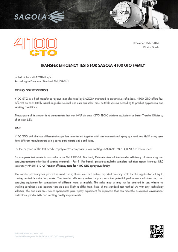 Transfer efficiency tests for Sagola 4100 GTO